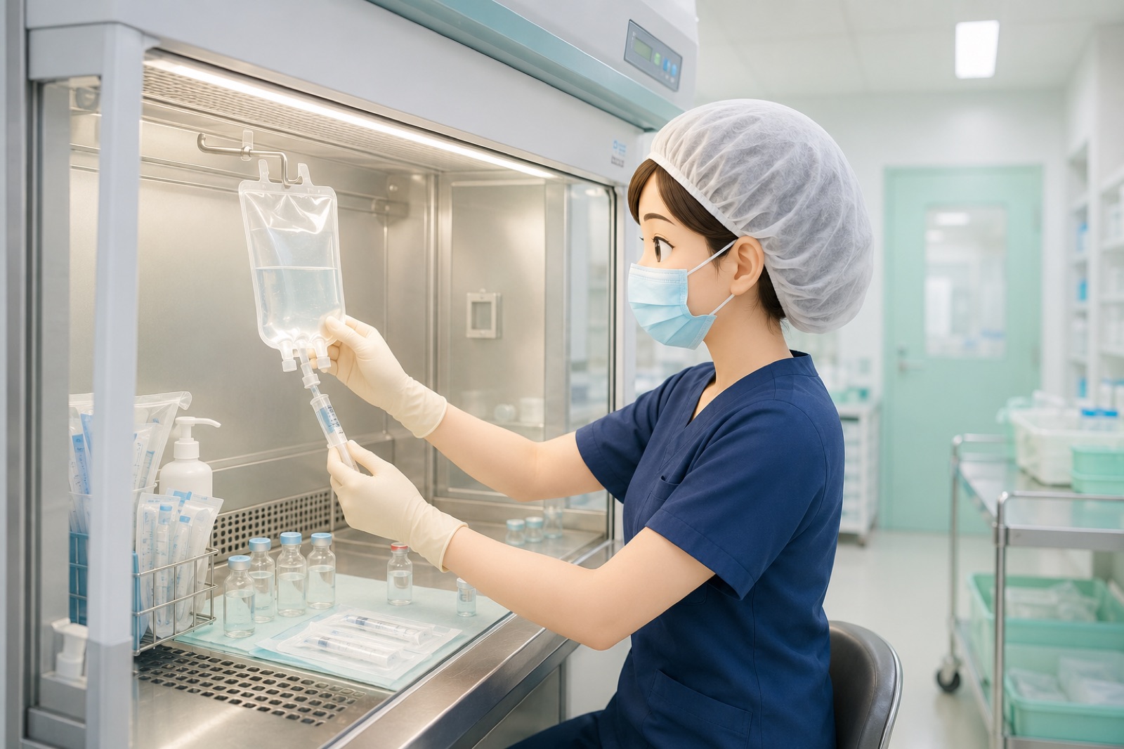 無菌調剤室のクリーンベンチで輸液を調製する薬剤師