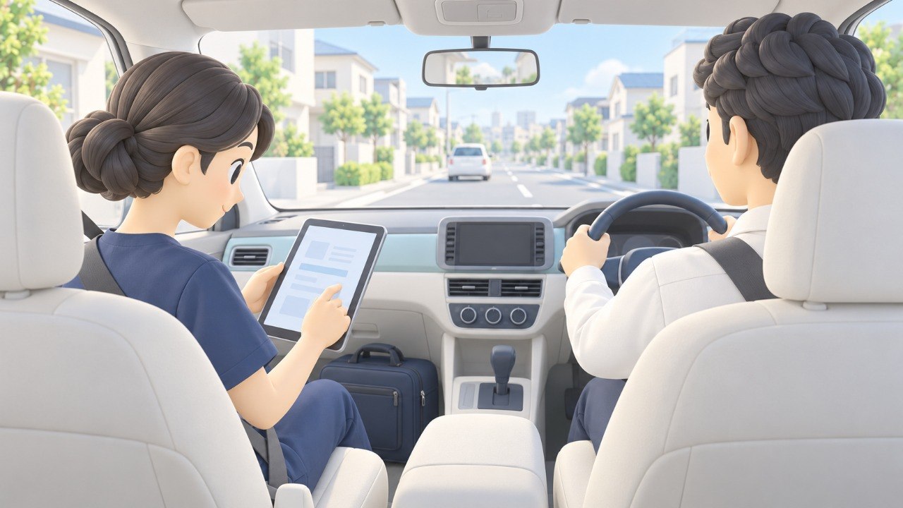 ドライバーが運転する車内で、外勤薬剤師がタブレットを確認する様子