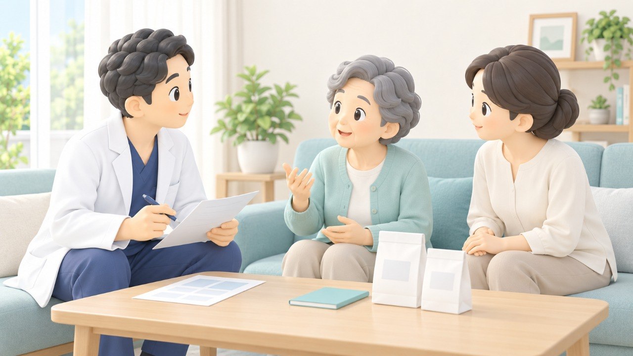 ご自宅で薬剤師が患者様とご家族からお薬の状況を伺う様子