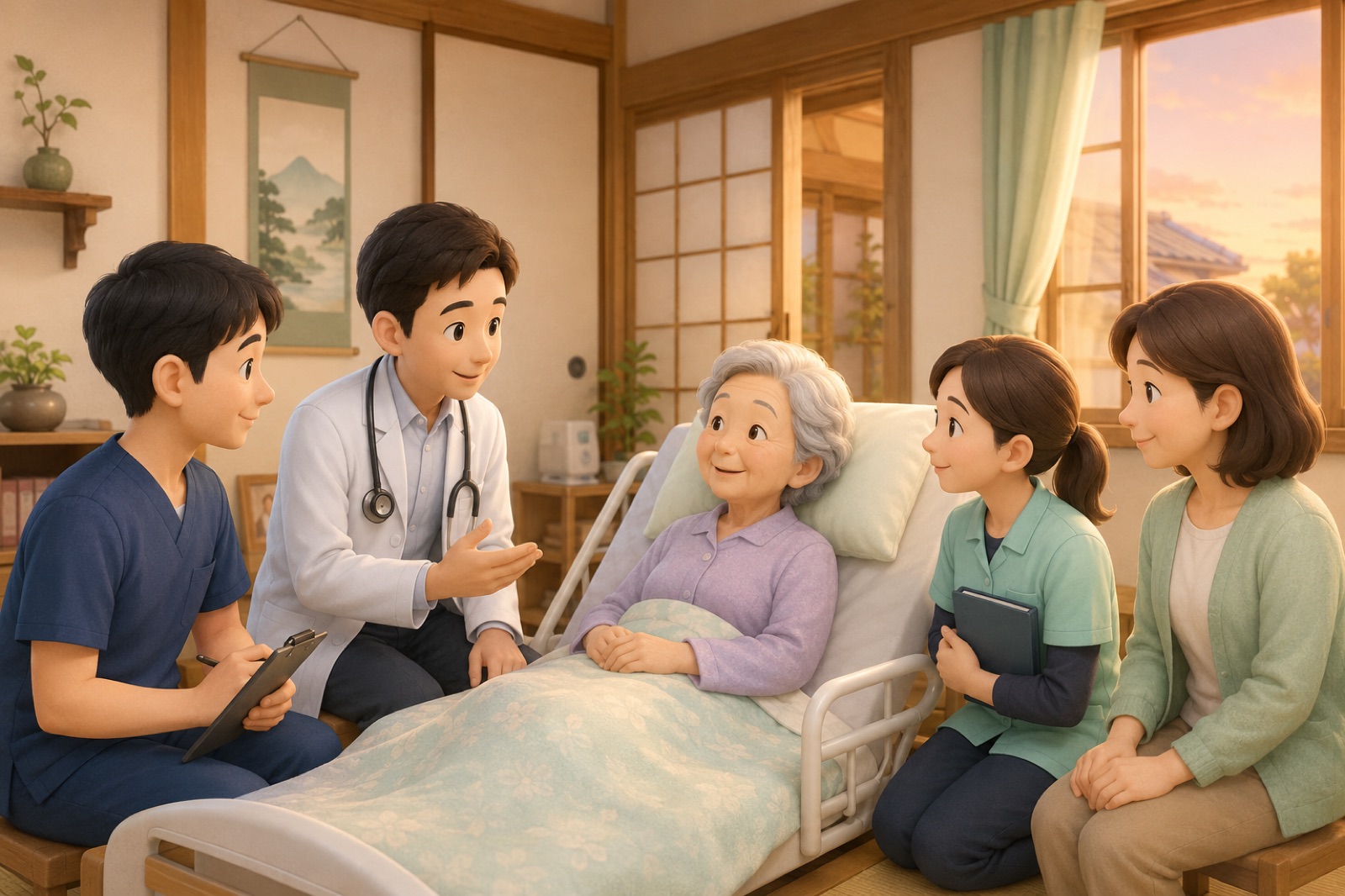 在宅の現場で医師・看護師・薬剤師が患者様とご家族を囲むイメージ