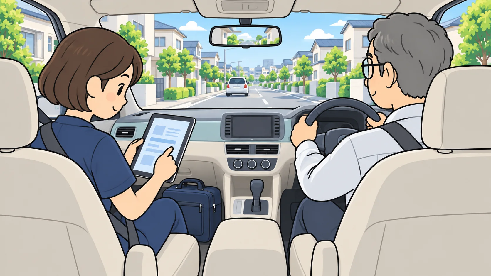 ドライバーが運転する車内で、外勤薬剤師がタブレットを確認する様子
