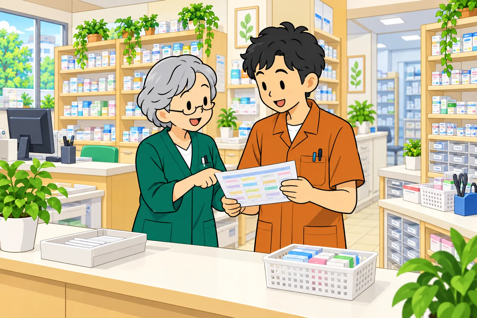 薬局内で先輩スタッフと資料を確認する様子