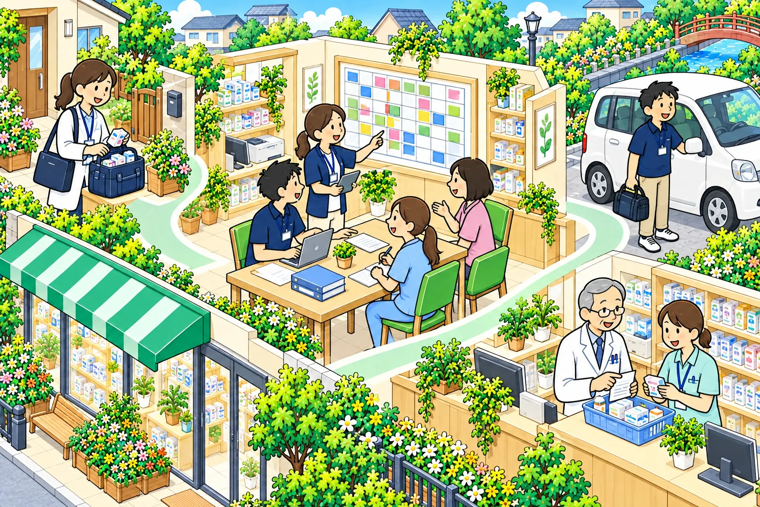 複数の店舗と職種が予定を共有し、会社全体で支え合う仕組みのイメージ