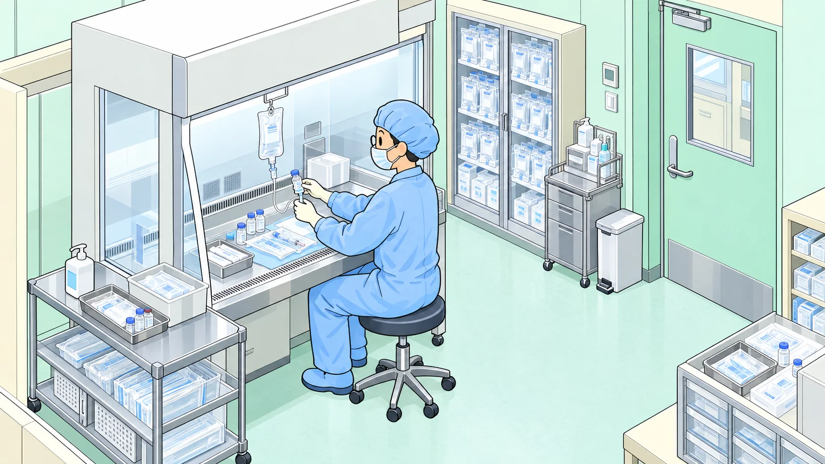 無菌調剤室のクリーンベンチで輸液を調製する薬剤師