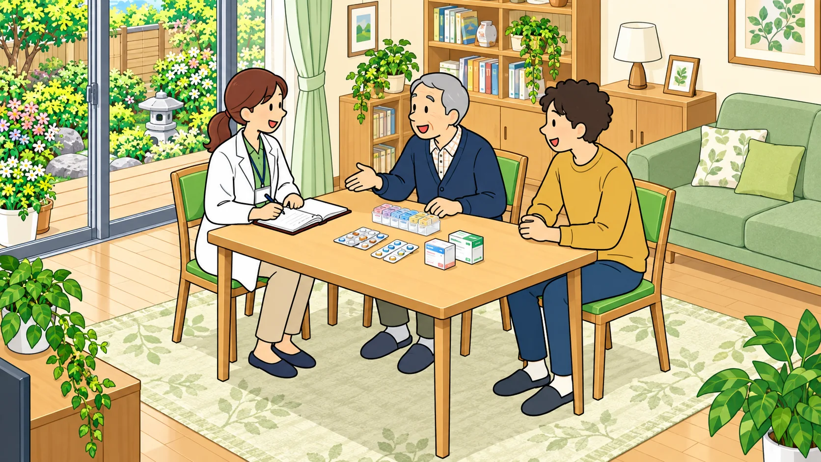 ご自宅で薬剤師が患者様とご家族からお薬の状況を伺う様子