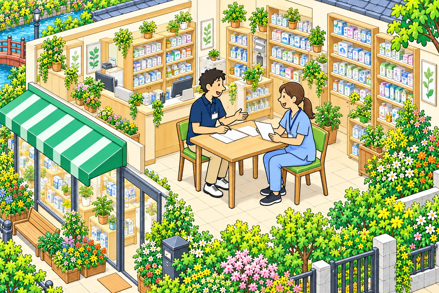 薬剤師と訪問看護師が薬局で連携について相談するイメージ